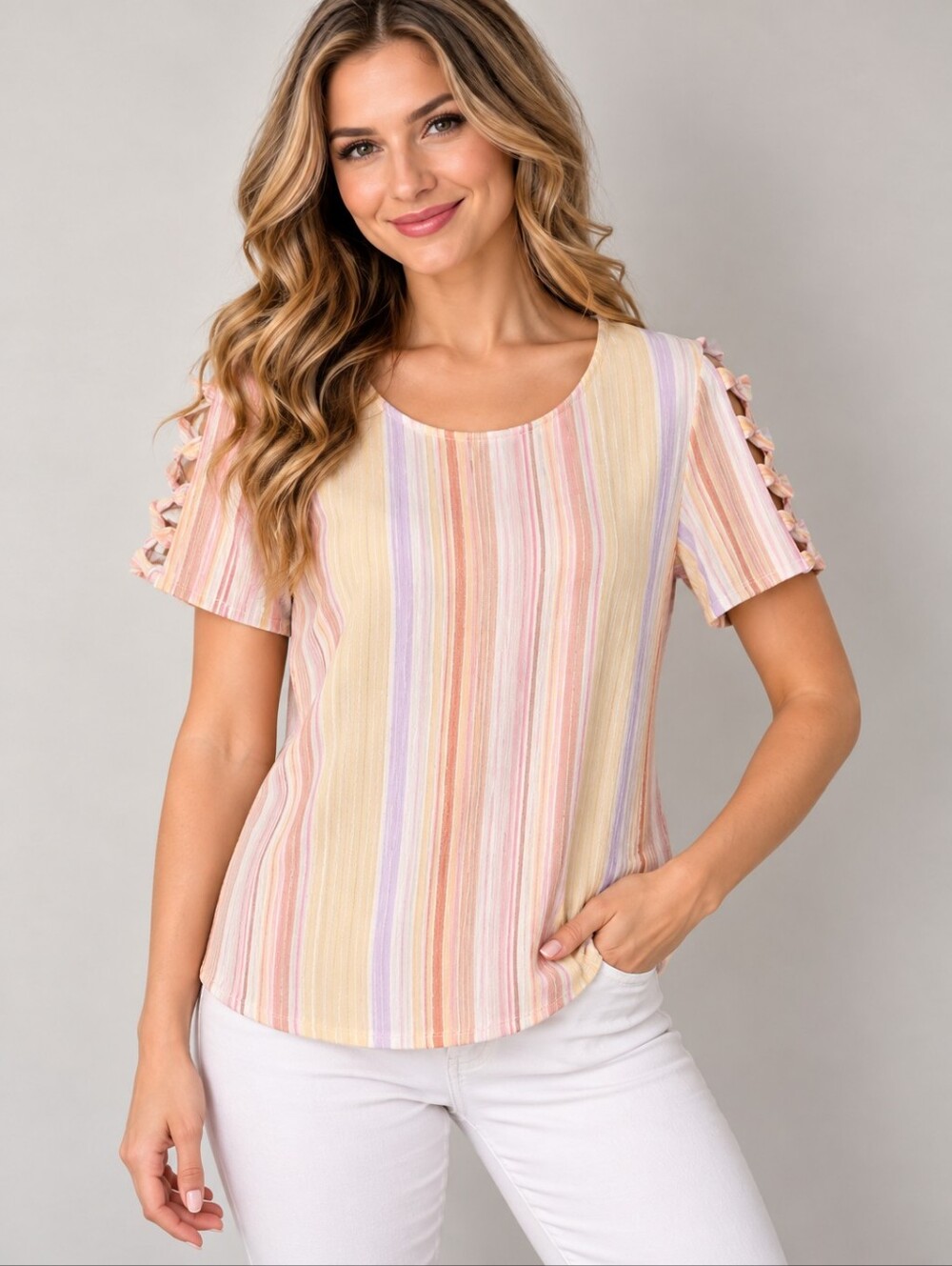 ANOTHER REASON Pastel Striped Braided Short Sleeve Blouse Small